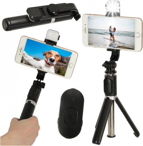 Selfie stick cu telecomandă Bluetooth și trepied cu lumină LED – negru