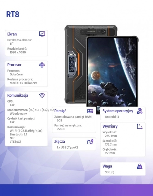 Tablet clasic RT8 6/256GB rezistent la apă și praf
