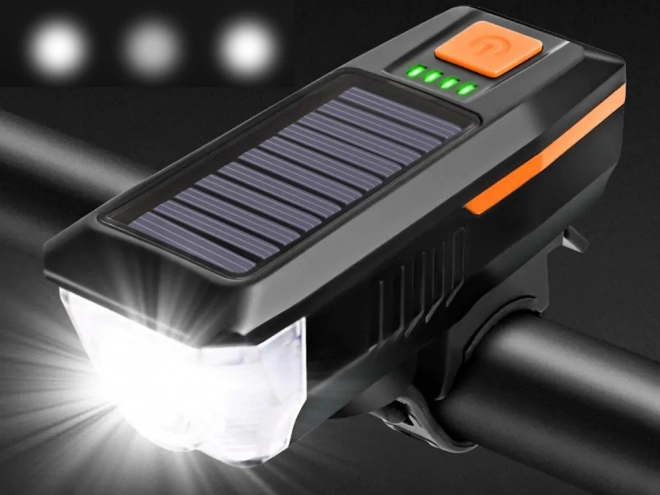 Lumină LED frontală pentru bicicletă cu încărcare solară și claxon