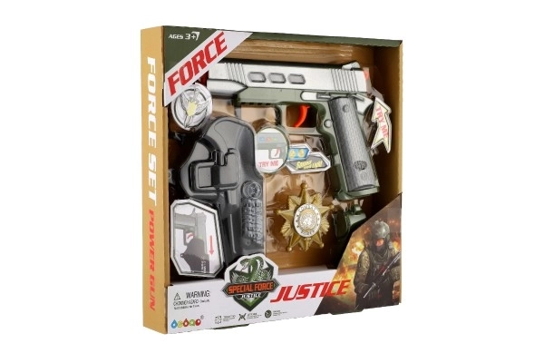 Pistolă cu accesorii din plastic pe baterii cu sunet și lumină în cutie 25x25x4cm