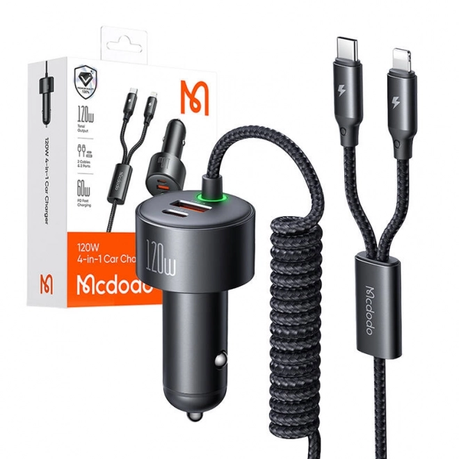 Încărcător auto cu cabluri retractabile Mcdodo USB-C și Lightning, 120W