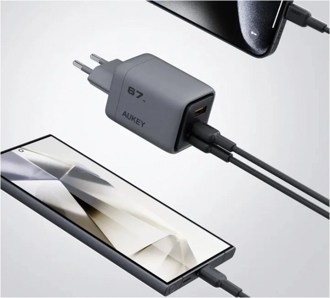 Încărcător de perete ultrarapid Aukey PA-C3 Comet Mix 3 GaN 67 W 3x USB (2x USB-C și 1x USB-A)