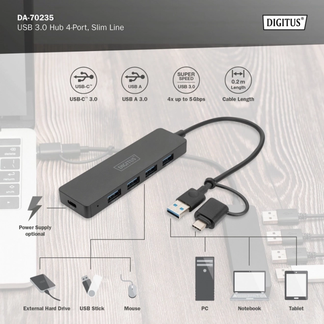 Hub USB 3.0 SlimLine cu 4 porturi DIGITUS