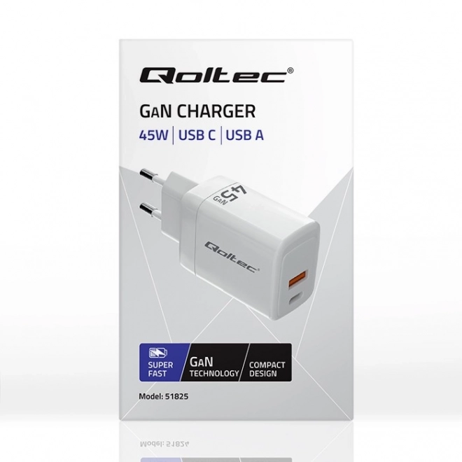 Încărcător GaN 45W cu USB-C PD și USB QC 3.0 Alb