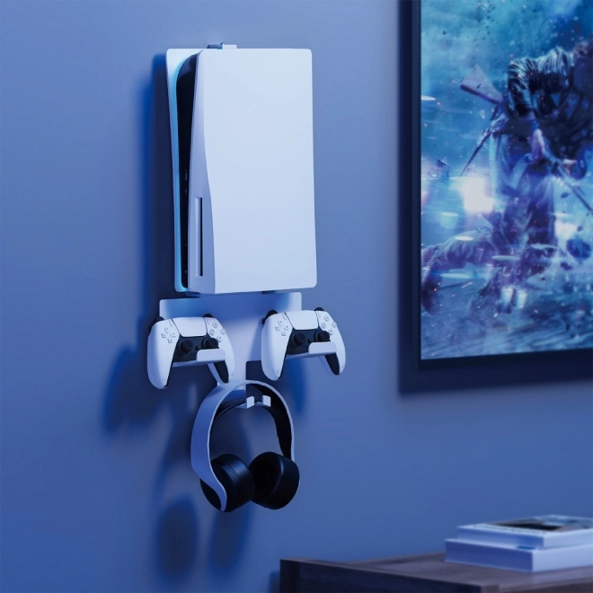 Suport alb de perete pentru PlayStation 5 cu suporturi pentru controlere