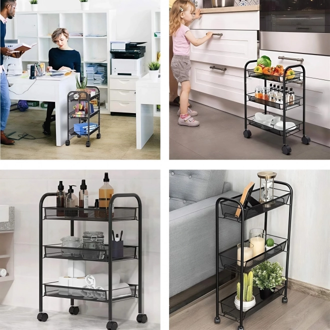 Etajeră mobilă de baie neagră metal ModernHome cu 3 rafturi și roți