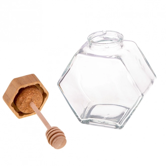 Borcan hexagonal pentru miere cu linguriță de lemn