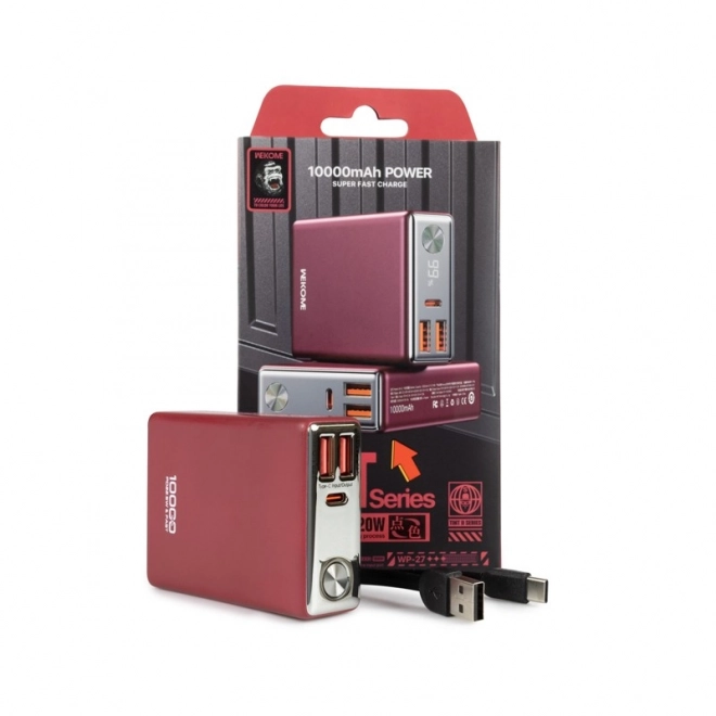 Baterie externă 10000 mAh încărcare rapidă USB-C PD 20W și 2x USB-A QC3.0 22.5W roșu
