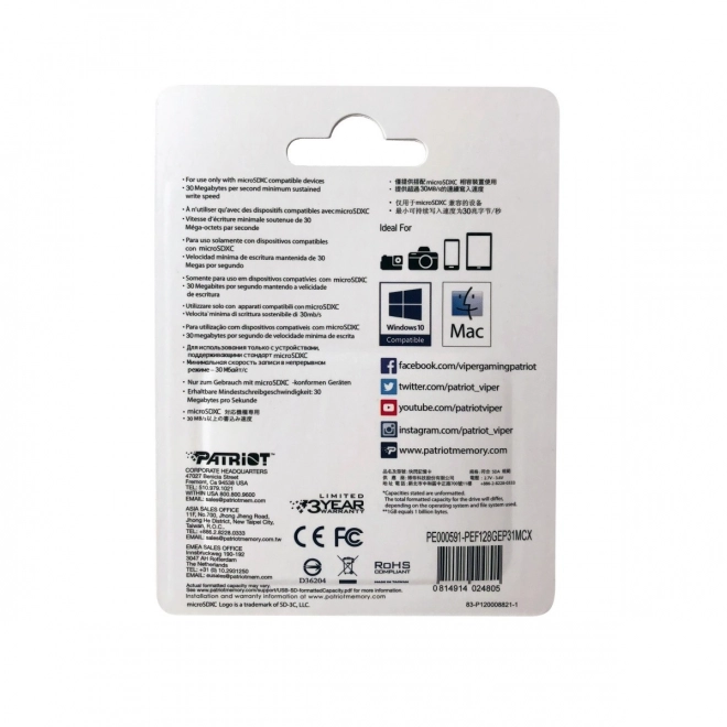 Card de memorie microSDXC 128GB V30 Patriot EP A1