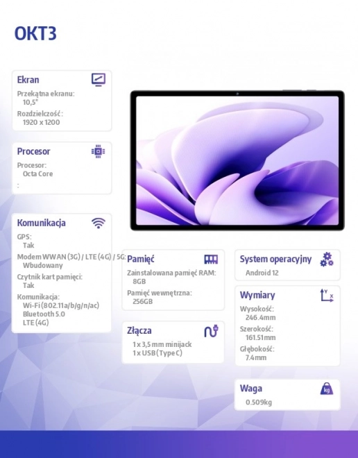Tablet OKT3 4G ecran 10,51 inch, 8GB RAM, 256GB, Negru