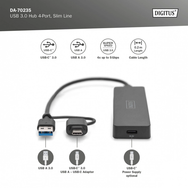 Hub USB 3.0 SlimLine cu 4 porturi DIGITUS