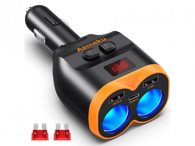 Încărcător auto cu adaptor pentru brichetă 80W cu porturi USB și USB-C
