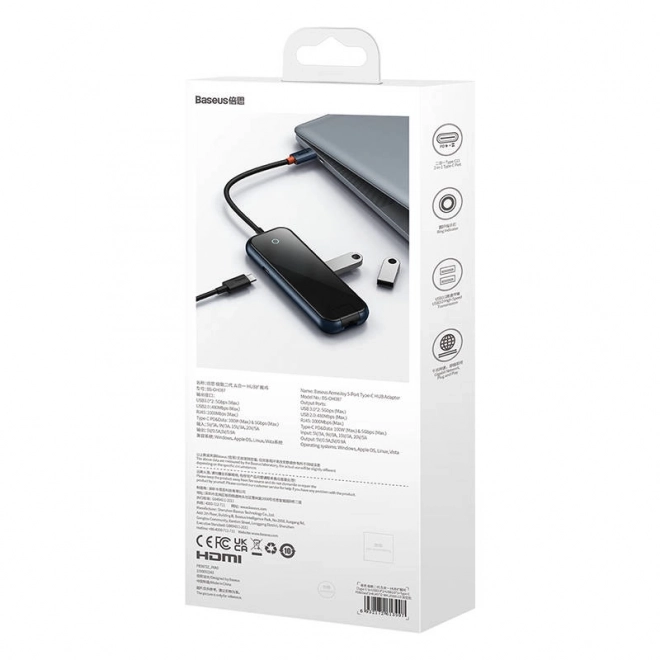 Hub USB-C 5 în 1 AcmeJoy de la Baseus, 2xUSB 3.0, USB 2.0, USB-C PD, RJ45, gri