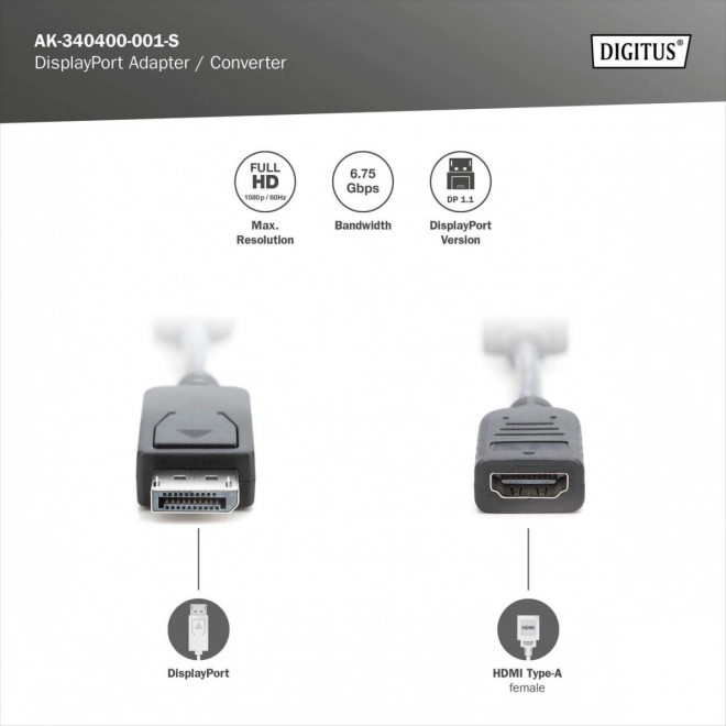 Cablu adaptor DisplayPort cu încuietoare 1080p 60Hz FHD tip DP/HDMI A M/F negru 0,15m