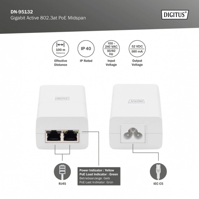 Adapter PoE+ activ 52V 30W Gigabit