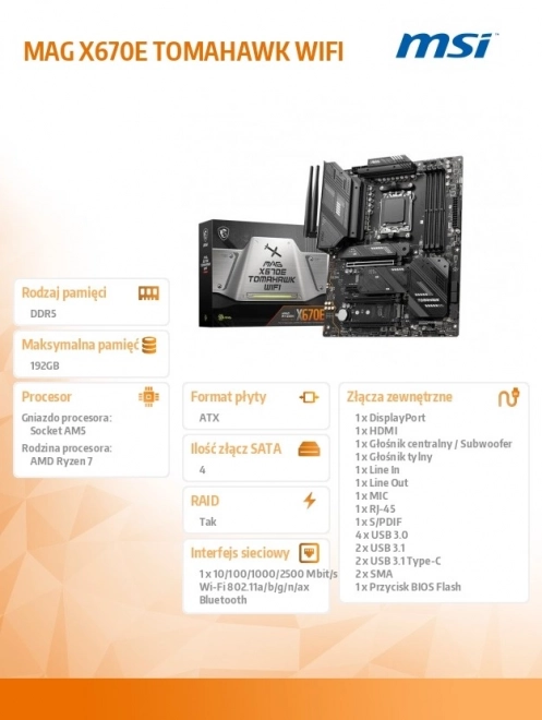 Placă de bază gaming Mag X670E Tomahawk Wifi cu AM5 DDR5