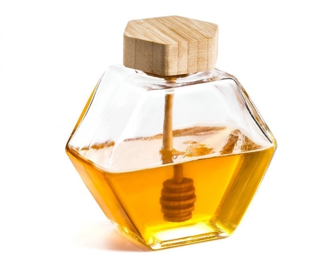 Borcan hexagonal pentru miere cu linguriță de lemn