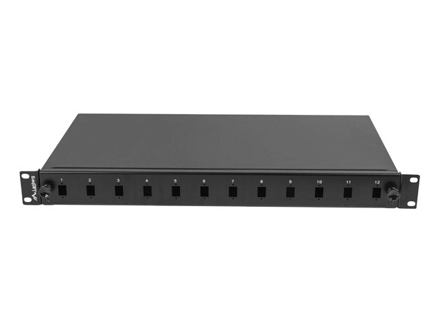 Przełącznica rack 19 pentru fibră optică cu 12 porturi SC simplex sau 12 LC duplex, neagră, cu accesorii