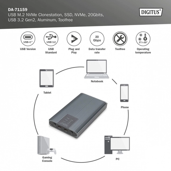 Statie de clonare USB 3.2 Tip C pentru SSD-uri M.2 NVMe 20 Gbps aluminiu
