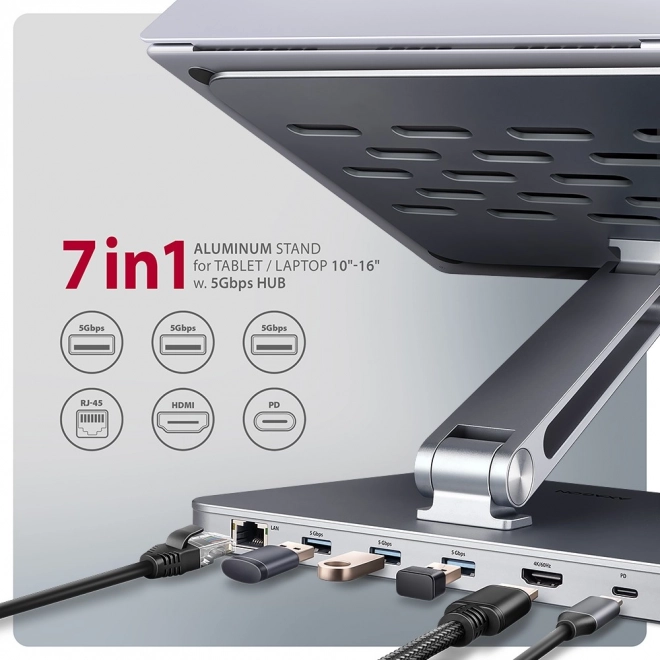 Hub multifuncțional cu suport Axagon 7in1 pentru laptopuri de 10"-16"