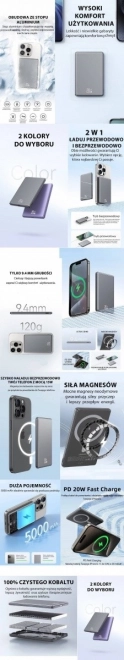 Powerbank inductiv 5000mAh MagSafe încărcare rapidă PD 20W Gri
