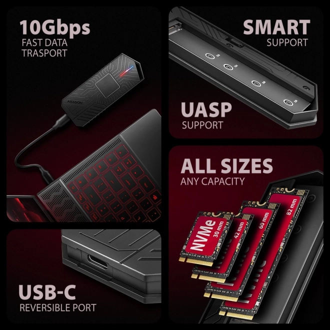 Carcasa externă din aluminiu pentru SSD M.2 NVMe/SATA cu interfață USB-C 3.2 Gen 2 pentru gaming