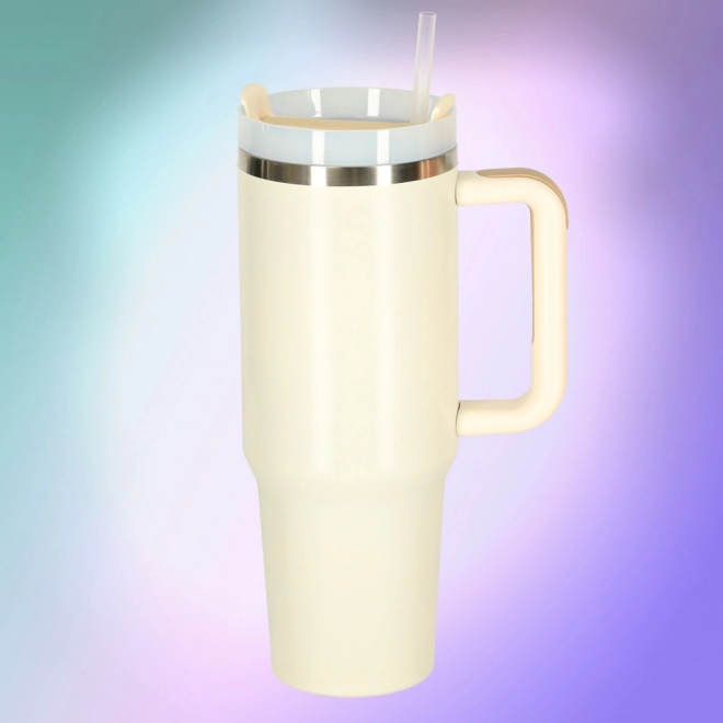 Cana termică crem cu pai și mâner 1200 ml