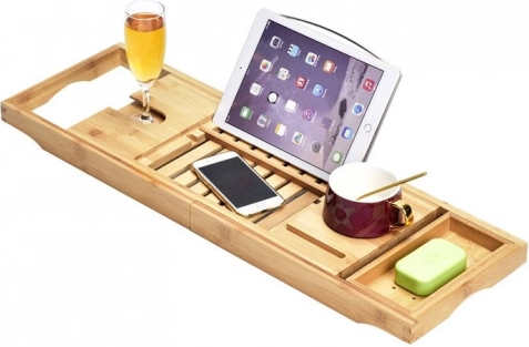 Raft reglabil din bambus pentru cadă cu suport pentru tabletă și pahar