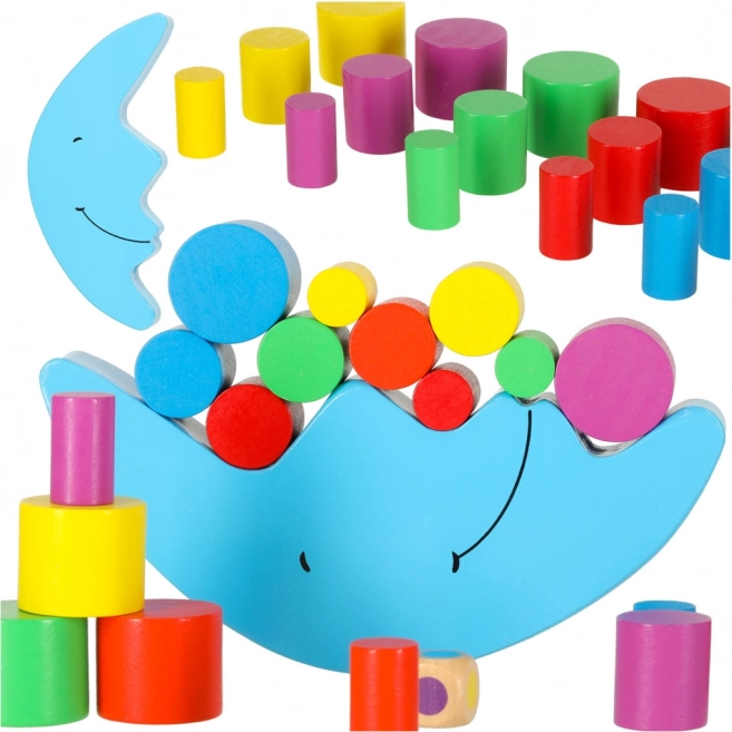 Joc Montessori de echilibru: lună din lemn cu zar și blocuri colorate