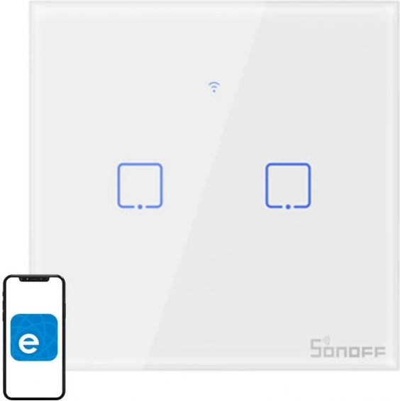 Comutator tactil inteligent SONOFF T1 EU TX, 2 canale, Wi‑Fi + RF 433
