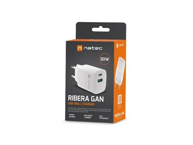 Încărcător de perete Natec Ribera GAN 30W USB-A și USB-C Alb