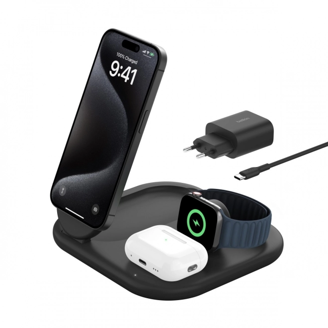 Încărcător magnetic pliabil 3 în 1 Qi2 15W negru