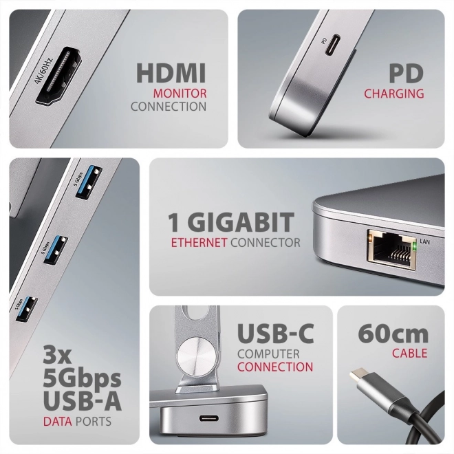 Hub multifuncțional cu suport Axagon 7in1 pentru laptopuri de 10"-16"
