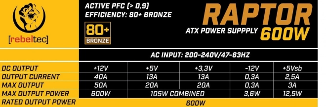 Sursă de alimentare Rebeltec Raptor 600W Bronze 80+