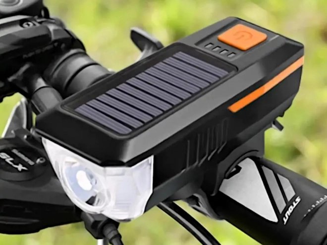 Lumină LED frontală pentru bicicletă cu încărcare solară și claxon