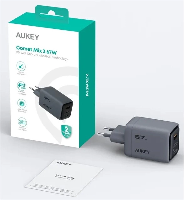 Încărcător de perete ultrarapid Aukey PA-C3 Comet Mix 3 GaN 67 W 3x USB (2x USB-C și 1x USB-A)