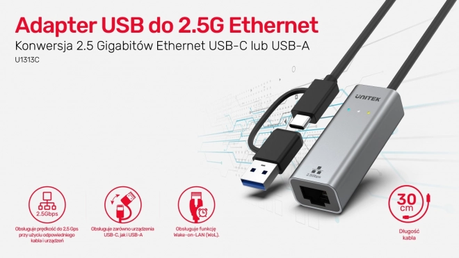 Adaptor Unitek USB-C/USB-A la Ethernet RJ-45 2,5 Gbps