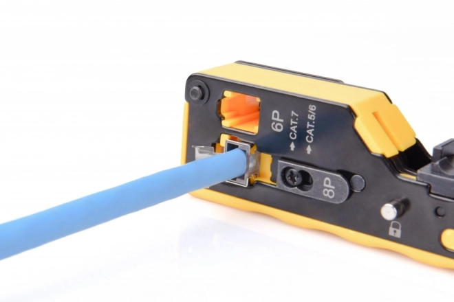 Clește pentru conectori trecători RJ45 Cat.5e/Cat.6, RJ12, RJ11 cu funcție de tăiere și decojire a cablurilor