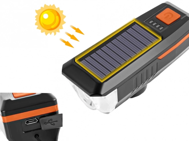 Lumină LED frontală pentru bicicletă cu încărcare solară și claxon