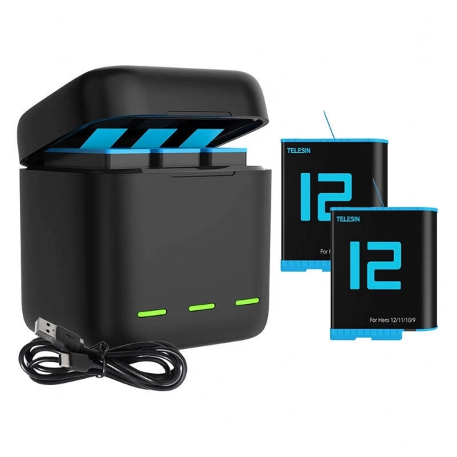 Încărcător triplu canal Box Telesin + 2 baterii pentru GoPro Hero
