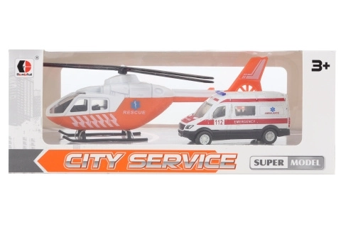 Ambulanță și elicopter metalice