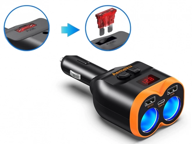 Încărcător auto cu adaptor pentru brichetă 80W cu porturi USB și USB-C
