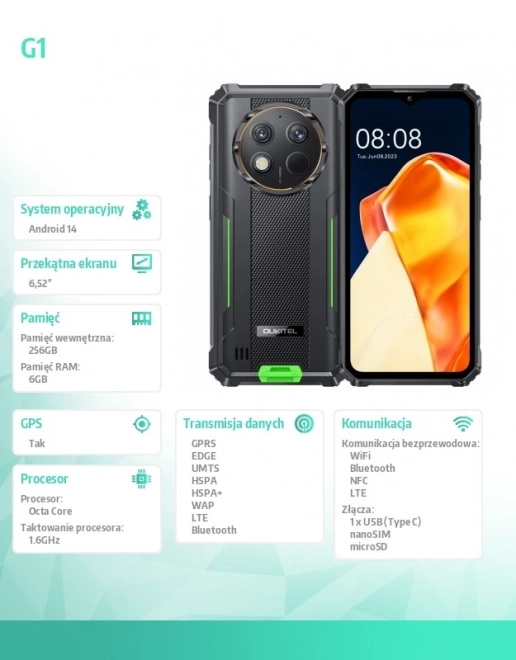 Smartphone rezistent G1 cu 4G și memorie 6GB/256GB, verde