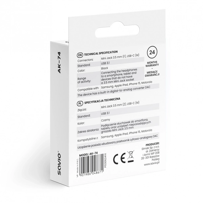 Adaptor audio USB-C la jack 3,5mm colibri savio