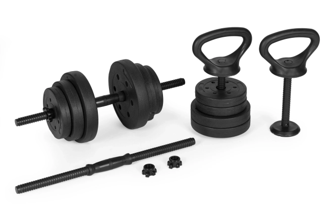 Haltere reglabilă 2x20 kg cu ax și kettlebell