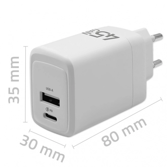Încărcător GaN 45W cu USB-C PD și USB QC 3.0 Alb