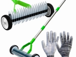 Aerator și scarificator manual pentru gazon pe roți, cu mănuși