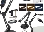 Lampă LED de birou cu lupă și braț reglabil, 2 opțiuni de prindere