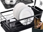 Uscător de vase pe suport Ruhhy, negru, design loft, cu tavă de scurgere