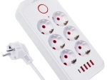 Prelungitor cu protecție la supratensiune cu 6 prize și 5× USB (4× USB‑A, 1× USB‑C), 2500 W, alb